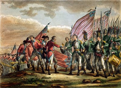 Die Kapitulation von General John Burgoyne in der Schlacht von Saratoga, 7. Oktober 1777, graviert von Godefroy von Fauvel